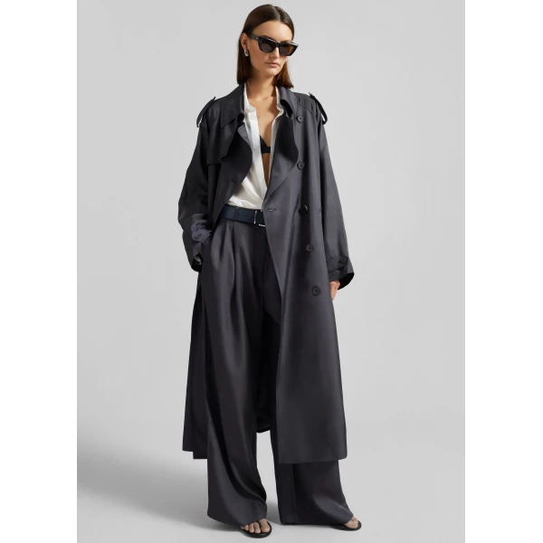 The Frankie Shop Veyron Silk Trench - Storm Grey - Oversized Minimalist Coats in Grey - Shop at Luxury Shoes 