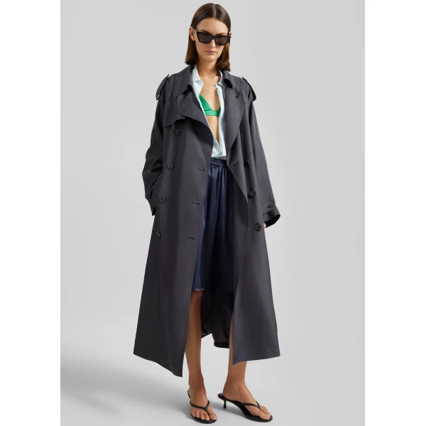 The Frankie Shop Veyron Silk Trench - Storm Grey - Oversized Minimalist Coats in Grey - Shop at Luxury Shoes 