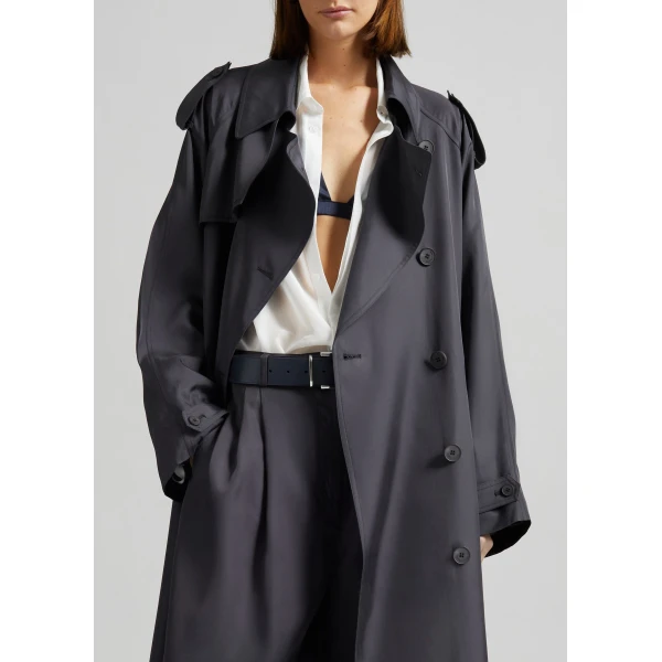 The Frankie Shop Veyron Silk Trench - Storm Grey - Oversized Minimalist Coats in Grey - Shop at Luxury Shoes 