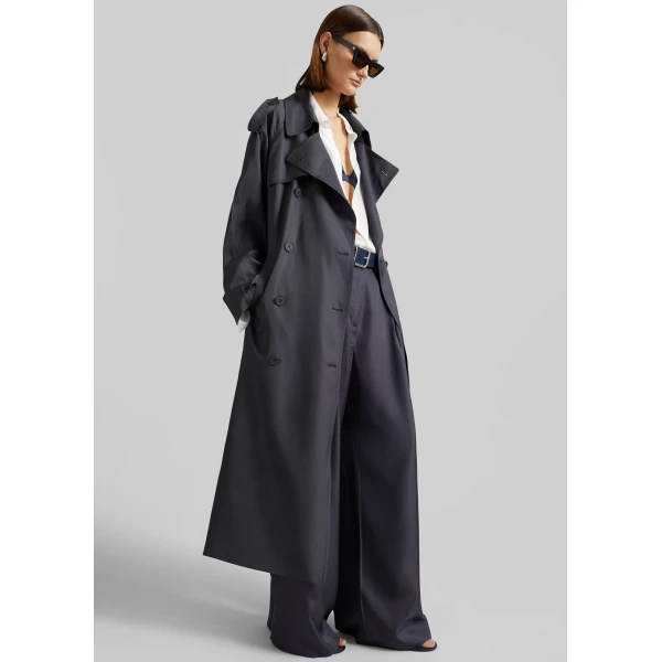 The Frankie Shop Veyron Silk Trench - Storm Grey - Oversized Minimalist Coats in Grey - Shop at Luxury Shoes 