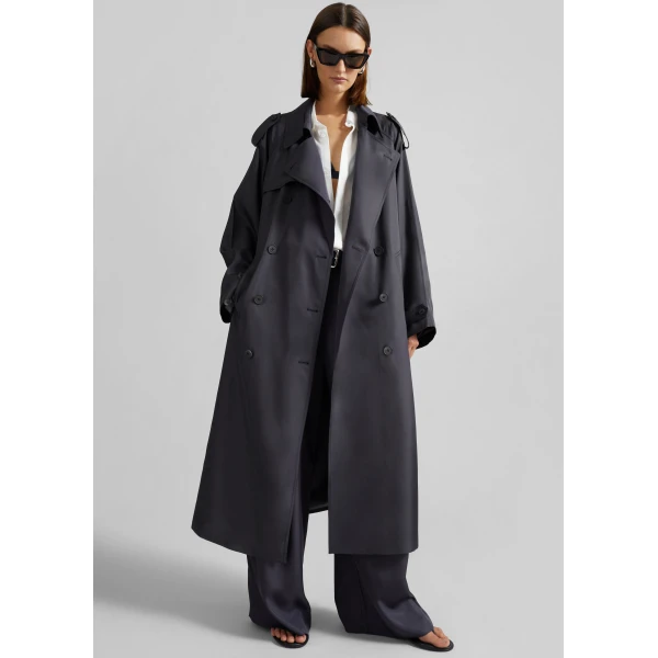 The Frankie Shop Veyron Silk Trench - Storm Grey - Oversized Minimalist Coats in Grey - Shop at Luxury Shoes 