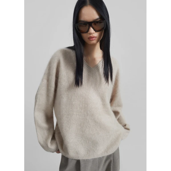 The Frankie Shop Vilhena Wool Fuzzy V-Neck Sweater – Beige, view 2