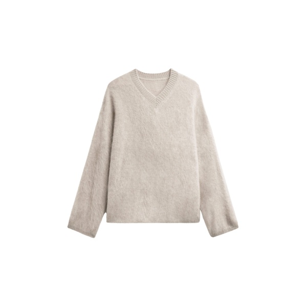 The Frankie Shop Vilhena Wool Fuzzy V-Neck Sweater - Beige - Oversized Minimalist Knitwear in Beige - Shop at Luxury Shoes 