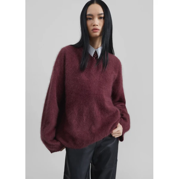 The Frankie Shop Vilhena Wool Fuzzy V-Neck Sweater - Burgundy - Oversized Minimalist Knitwear in Red - Shop at Luxury Shoes 