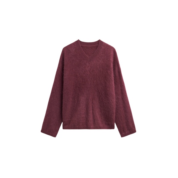 The Frankie Shop Vilhena Wool Fuzzy V-Neck Sweater - Burgundy - Oversized Minimalist Knitwear in Red - Shop at Luxury Shoes 