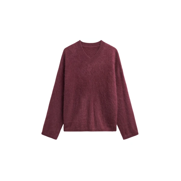 The Frankie Shop Vilhena Wool Fuzzy V-Neck Sweater - Burgundy - Oversized Minimalist Knitwear in Red - Shop at Luxury Shoes 