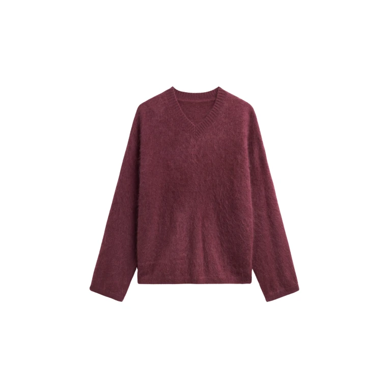 The Frankie Shop Vilhena Wool Fuzzy V-Neck Sweater - Burgundy - Oversized Minimalist Knitwear in Red - Shop at Luxury Shoes 
