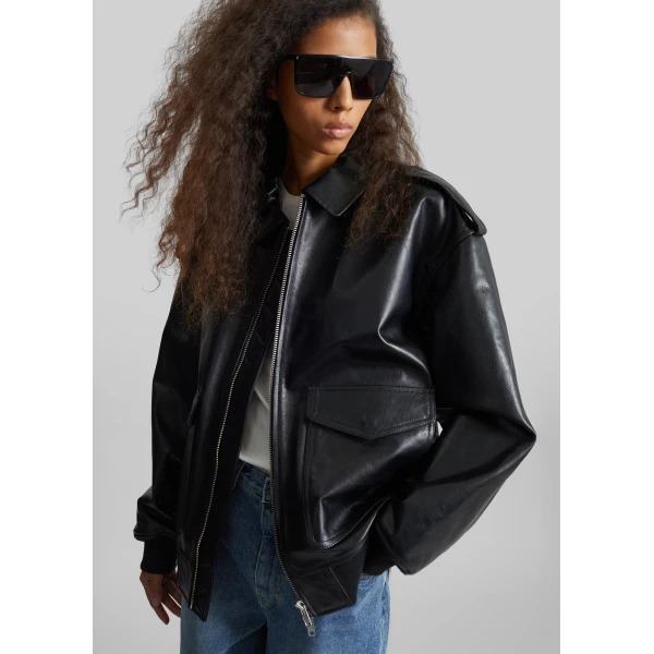 The Frankie Shop Viper Leather Jacket - Black - Oversized Minimalist Jackets in Black - Shop at Luxury Shoes 