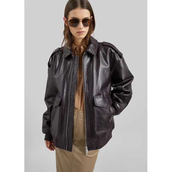 The Frankie Shop Viper Leather Jacket - Dark Plum - Oversized Minimalist Jackets in Purple - Shop at Luxury Shoes 