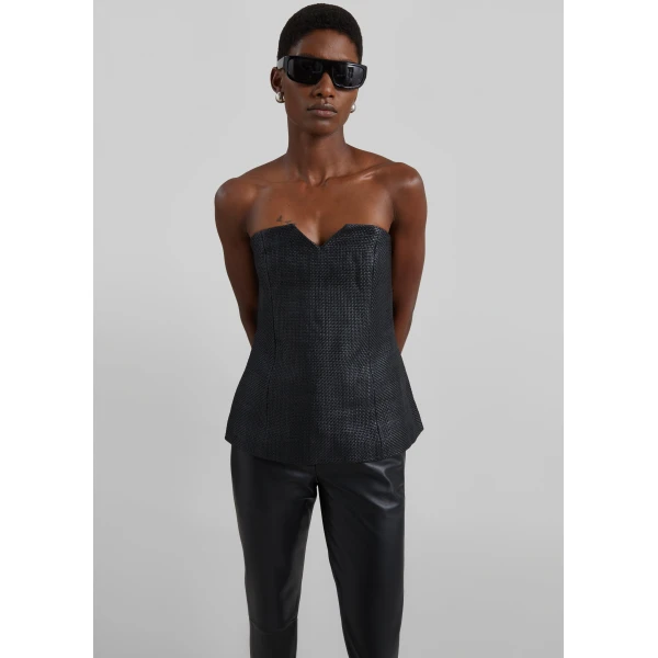 The Frankie Shop Woven Leather Strapless Bodice - Black - Oversized Minimalist Tops in Black - Shop at Luxury Shoes 