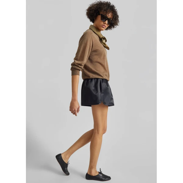 The Frankie Shop Zafra Satin Mini Shorts - Black - Oversized Minimalist Shorts in Black - Shop at Luxury Shoes 