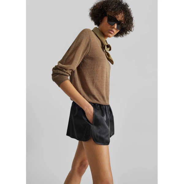 The Frankie Shop Zafra Satin Mini Shorts - Black - Oversized Minimalist Shorts in Black - Shop at Luxury Shoes 