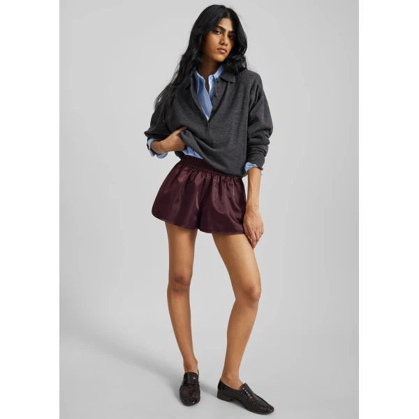 The Frankie Shop Zafra Satin Mini Shorts - Dark Plum - Oversized Minimalist Shorts in Purple - Shop at Luxury Shoes 