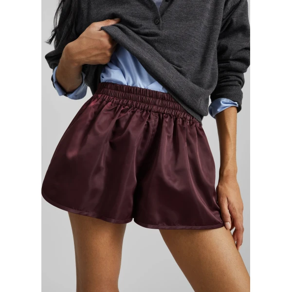The Frankie Shop Zafra Satin Mini Shorts - Dark Plum - Oversized Minimalist Shorts in Purple - Shop at Luxury Shoes 