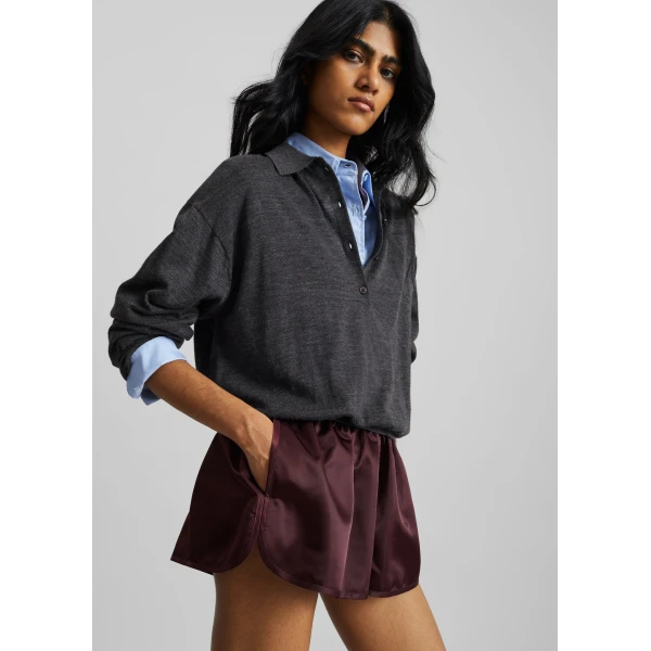 The Frankie Shop Zafra Satin Mini Shorts - Dark Plum - Oversized Minimalist Shorts in Purple - Shop at Luxury Shoes 