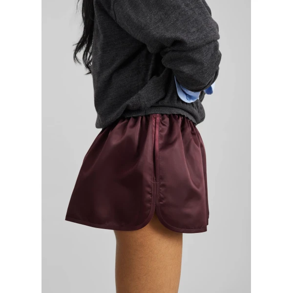 The Frankie Shop Zafra Satin Mini Shorts - Dark Plum - Oversized Minimalist Shorts in Purple - Shop at Luxury Shoes 