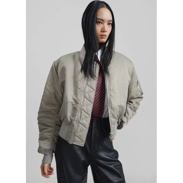 The Frankie Shop Zernez Cropped Bomber Jacket - Stone - Oversized Minimalist Jackets in Beige - Shop at Luxury Shoes 
