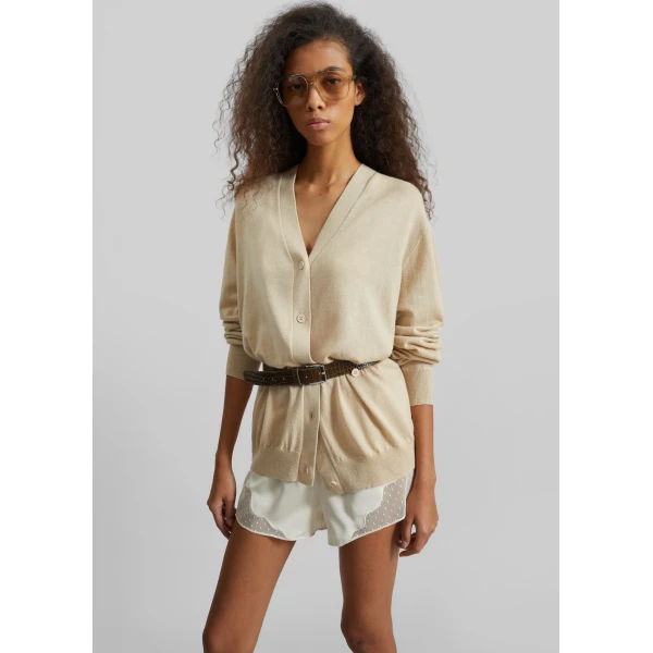 The Frankie Shop Zina V-Neck Cardigan - Beige - Oversized Minimalist Knitwear in Beige - Shop at Luxury Shoes 