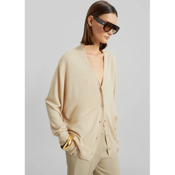 The Frankie Shop Zina V-Neck Cardigan - Beige - Oversized Minimalist Knitwear in Beige - Shop at Luxury Shoes 