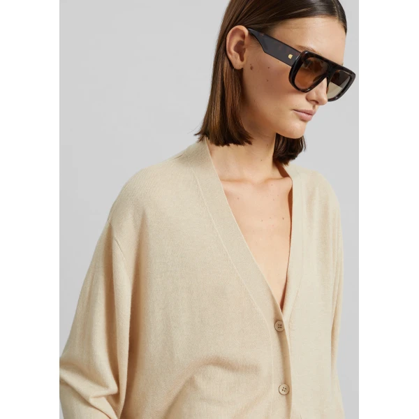 The Frankie Shop Zina V-Neck Cardigan - Beige - Oversized Minimalist Knitwear in Beige - Shop at Luxury Shoes 