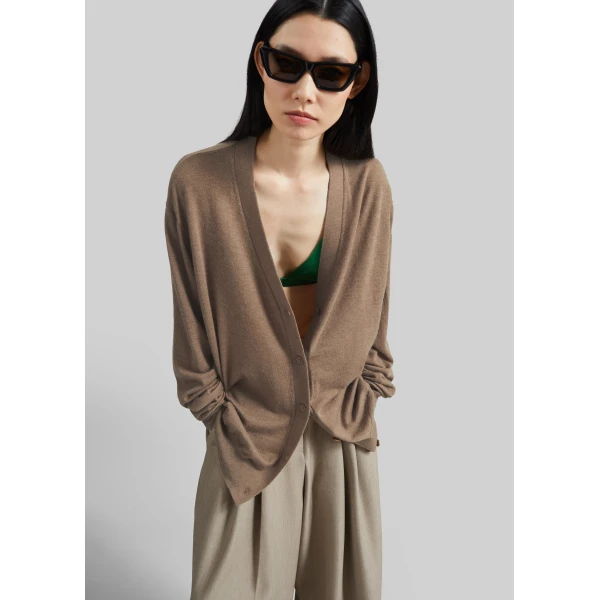 The Frankie Shop Zina V-Neck Cardigan - Mocha - Oversized Minimalist Knitwear in Beige - Shop at Luxury Shoes 