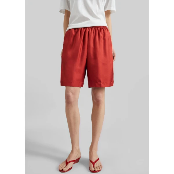 The Frankie Shop Zinia Lds Silk Twill Bermuda - Red - Oversized Minimalist Shorts in Red - Shop at Luxury Shoes 