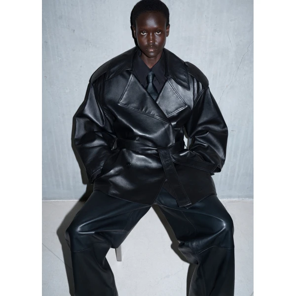 The Frankie Shop Zurich Oversized Faux Leather Short Trench - Black - Oversized Minimalist Coats in Black - Shop at Luxury Shoes 