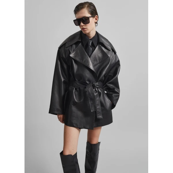 The Frankie Shop Zurich Oversized Faux Leather Short Trench - Black - Oversized Minimalist Coats in Black - Shop at Luxury Shoes 