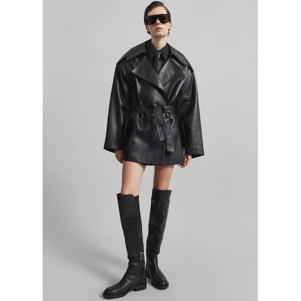 The Frankie Shop Zurich Oversized Faux Leather Short Trench - Black - Oversized Minimalist Coats in Black - Shop at Luxury Shoes 