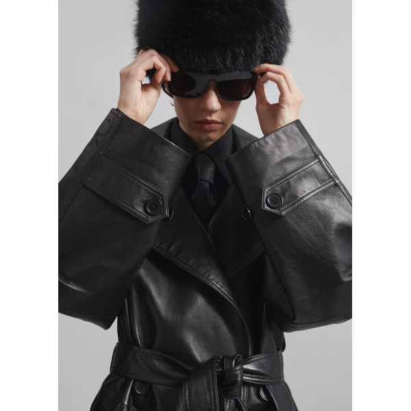 The Frankie Shop Zurich Oversized Faux Leather Short Trench - Black - Oversized Minimalist Coats in Black - Shop at Luxury Shoes 