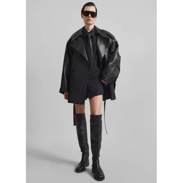 The Frankie Shop Zurich Oversized Faux Leather Short Trench - Black - Oversized Minimalist Coats in Black - Shop at Luxury Shoes 