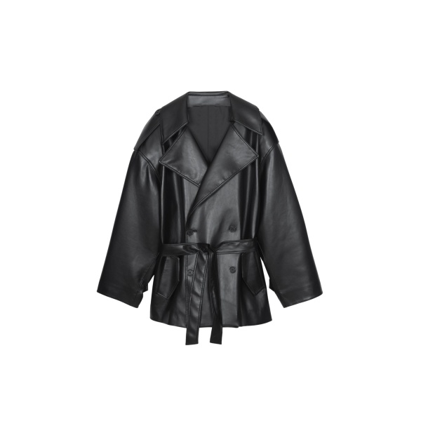 The Frankie Shop Zurich Oversized Faux Leather Short Trench - Black - Oversized Minimalist Coats in Black - Shop at Luxury Shoes 