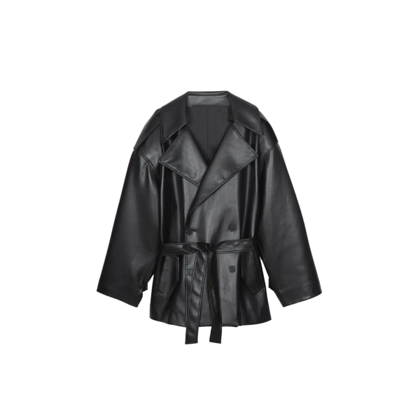 The Frankie Shop Zurich Oversized Faux Leather Short Trench - Black - Oversized Minimalist Coats in Black - Shop at Luxury Shoes 