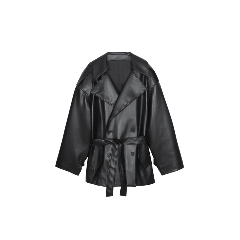 The Frankie Shop Zurich Oversized Faux Leather Short Trench - Black - Oversized Minimalist Coats in Black - Shop at Luxury Shoes 