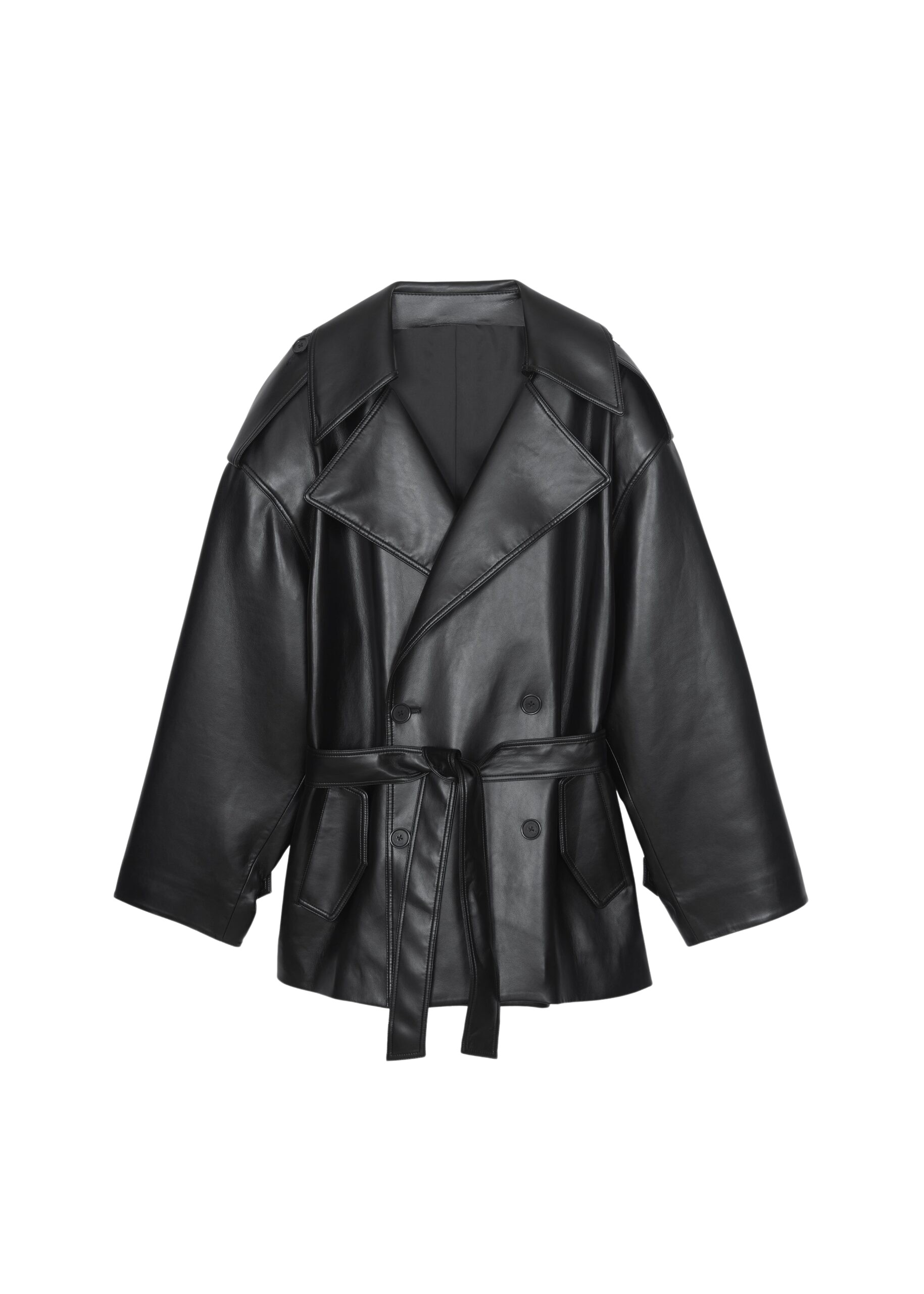 The Frankie Shop Zurich Oversized Faux Leather Short Trench – Black