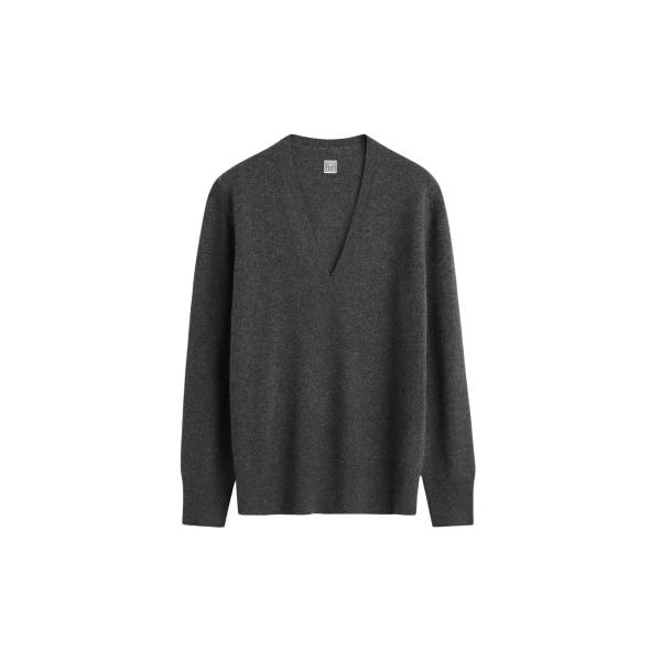 Totême Cashmere V-Neck Knit Charcoal - Knitwear - Scandinavian Minimalist Luxury at Luxury Shoes 