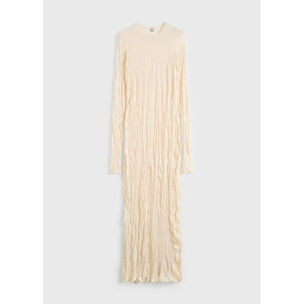 Totême Crinkled Knit Long-Sleeve Dress Pale Apricot - Dresses - Scandinavian Minimalist Luxury at Luxury Shoes 