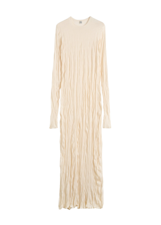 Totême Crinkled Knit Long-Sleeve Dress Pale Apricot - Dresses - Scandinavian Minimalist Luxury at Luxury Shoes 