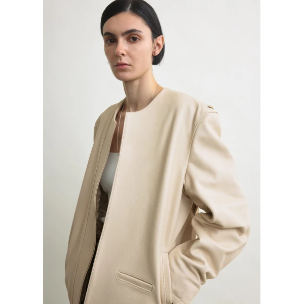 Totême Minimal Biker Jacket Stone - Jackets - Scandinavian Minimalist Luxury at Luxury Shoes 