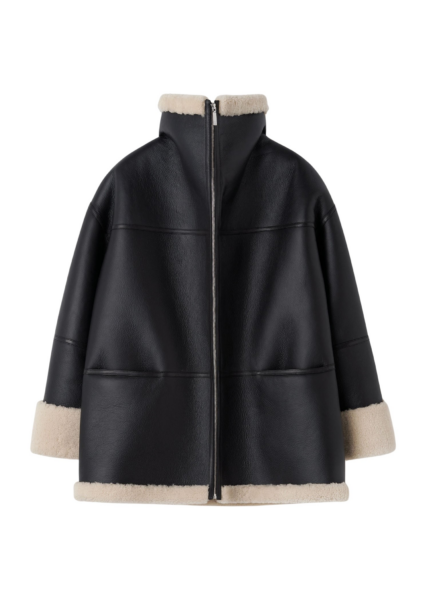Totême Signature Shearling Jacket Black/Off-White - Jackets - Scandinavian Minimalist Luxury at Luxury Shoes 