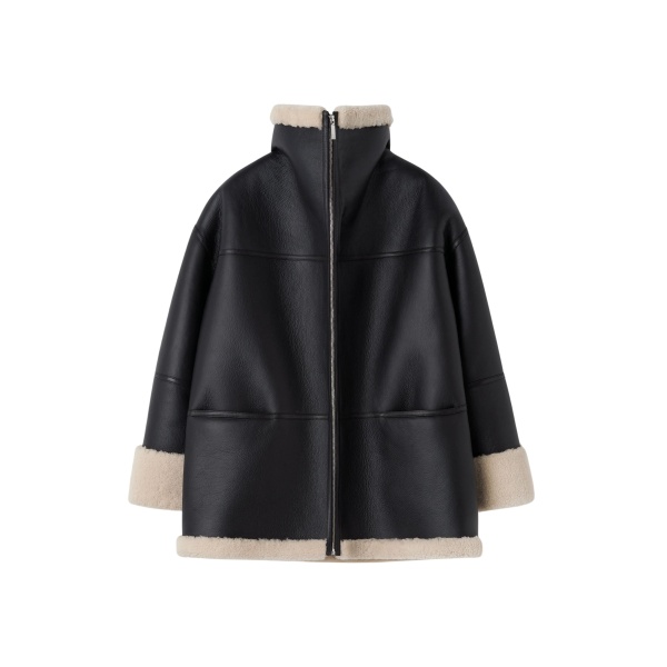 Totême Signature Shearling Jacket Black/Off-White - Jackets - Scandinavian Minimalist Luxury at Luxury Shoes 