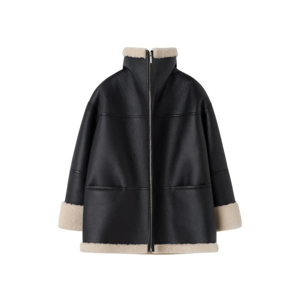 Totême Signature Shearling Jacket Black/Off-White - Jackets - Scandinavian Minimalist Luxury at Luxury Shoes 