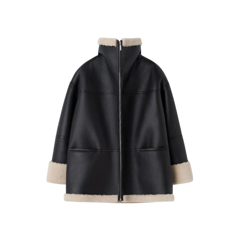 Totême Signature Shearling Jacket Black/Off-White - Jackets - Scandinavian Minimalist Luxury at Luxury Shoes 