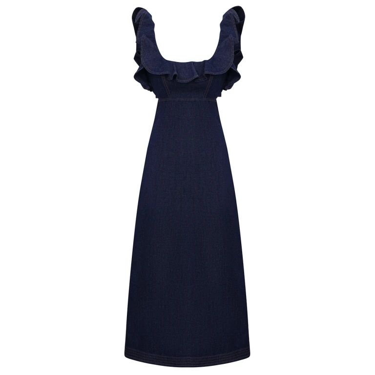 Aster Denim Frill Midi Dress