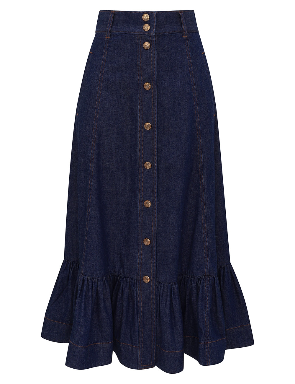 Zimmermann Aster Denim Frill Midi Skirt