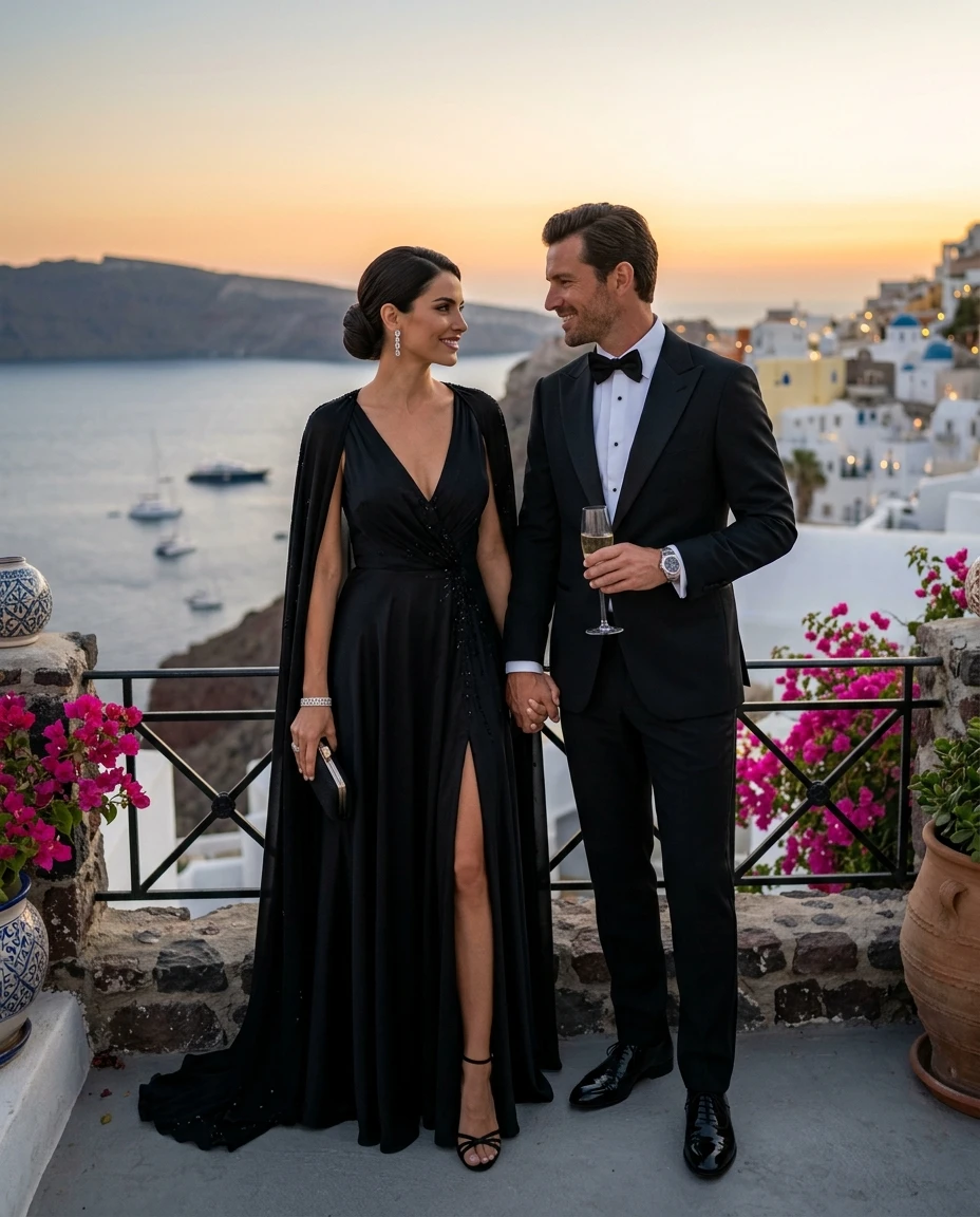 Gemma Deeks Style Guide: Black tie Date night in Santorini Summer 2026