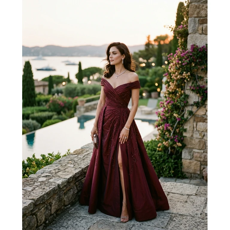Gemma Deeks Style Guide: Black tie Designer Summer Dresses in Burgundy Summer 2026