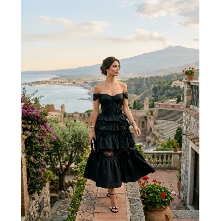 Gemma Deeks Style Guide: Black tie Designer Summer Dresses in Sicily Summer 2026