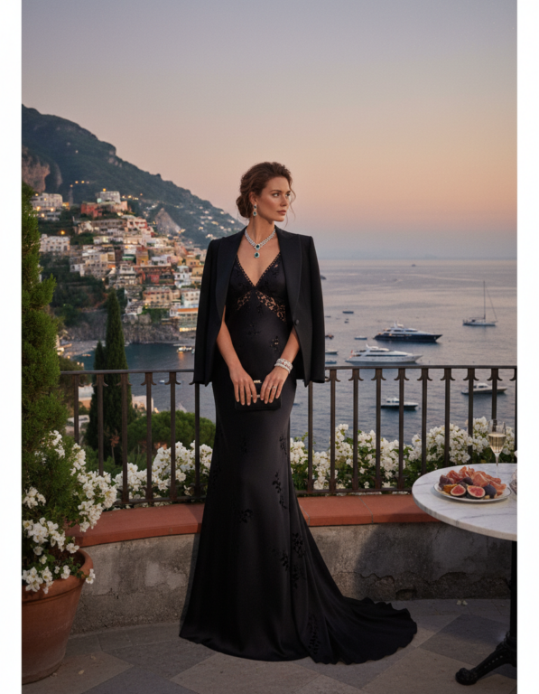Gemma Deeks Style Guide: Black tie dinner outfit in Amalfi Coast Summer 2026