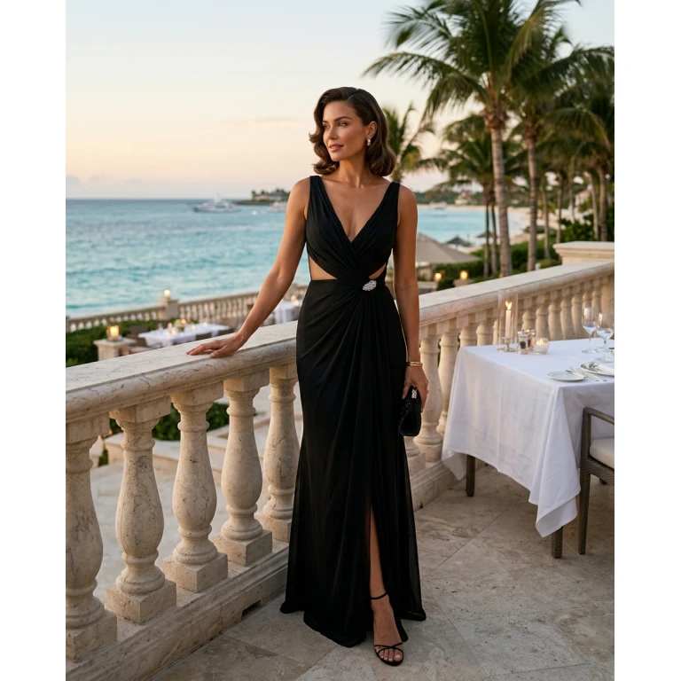 Gemma Deeks Style Guide: Black tie dinner outfit in Bahamas Summer 2026